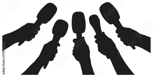 Silhouette Hands Holding Multiple Microphones.