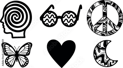 Set of six psychedelic vector symbols including spiral head, patterned glasses, peace sign, butterfly, heart, and crescent moon in black and white style