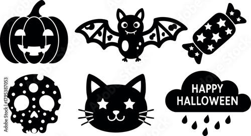 Halloween icons set with pumpkin bat cat cookie candy and happy halloween text vector design