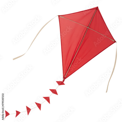 Red diamond kite with streamers isolated on a transparent background