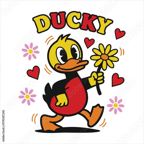 Cartoon ducky walking with a flower and hearts, isolated Vector, illustration