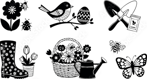 Gardening icons collection with bird butterfly bee flowers watering can and garden tools vector set