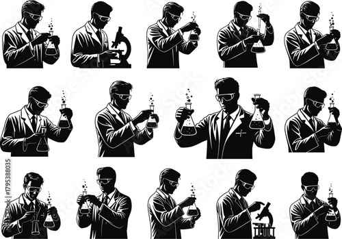 Scientist in lab coat performing experiments, using microscope, mixing chemicals, observing reactions, laboratory research, science concept, black and white illustration