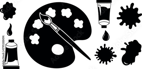 Artist paint palette brush paint tubes ink splashes creative art supplies vector design icons