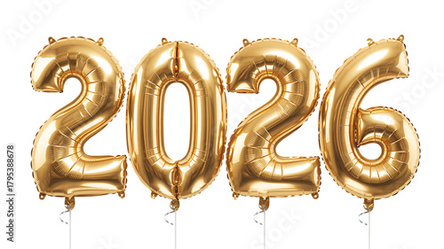 Shiny gold balloons forming the number 2026 against a black background