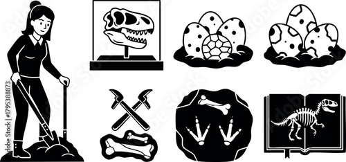 Paleontologist digging dinosaur fossils with bones and eggs vector illustration in black and white style