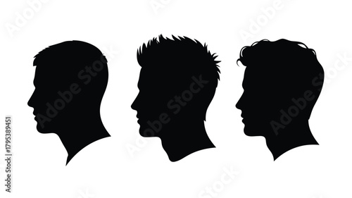 Silhouetted male profiles showcasing diverse hairstyles and head shapes ideal for design projects, offering clean, modern aesthetic with a variety of options.