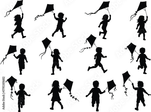 Children silhouettes, kids flying kites, outdoor fun, playful movement, childhood joy, black figures, freedom, running pose, sky activity, happy scene
