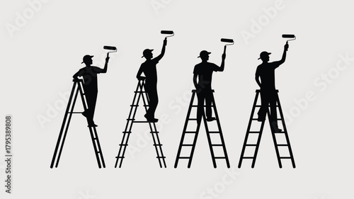 Team of painters on ladders applying fresh coat, perfect for home improvement ads or construction industry promotions with a clean, modern aesthetic.