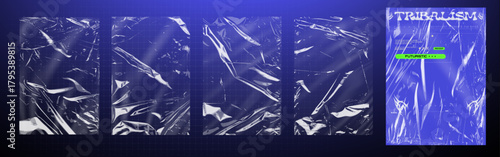 Set of glossy crumpled plastic wrap textures with blue futuristic tribal poster mockup and transparent cellophane overlays