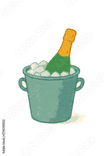 Champagne bottle in an ice bucket with a minimalist design and soft colors