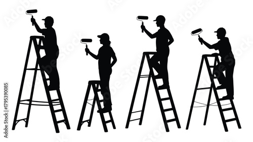 Silhouetted painters on ladders bring fresh style to your next project, perfect for construction, renovation, and home improvement design needs