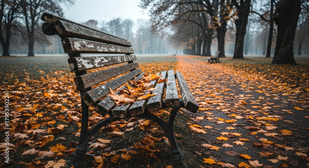 Fototapeta premium Rustic Park Bench Covered in Autumn Leaves