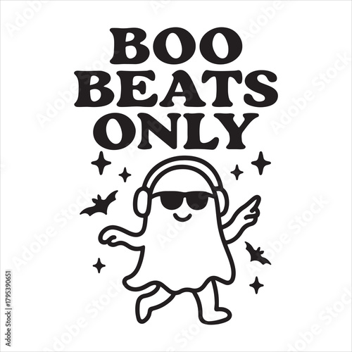 Funny ghost with headphones dancing and bats, text boo beats only Vector, illustration