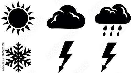 Weather icons set with sun cloud rain snow and lightning symbols in black simple style vector illustration