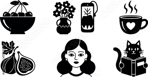 Black silhouette vector set of fruit bowl, flowers, juice, hot coffee cup, figs, woman face, and cat reading book collection