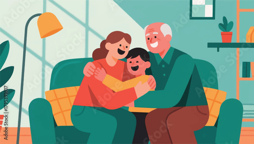 Illustration Of A Child Hugging His Grandparents Vector Design Template