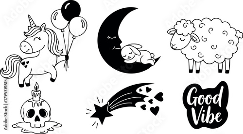 Cute unicorn with balloons sleeping lamb on crescent moon fluffy sheep good vibe skull with candle vector set