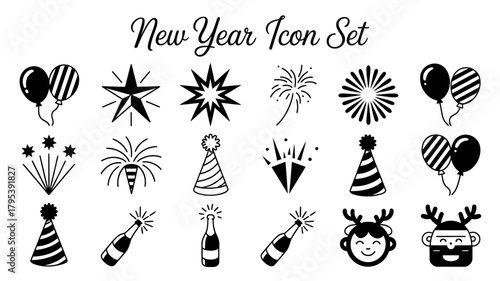 New year icon set with balloons, fireworks, hats, champagne, and reindeer faces