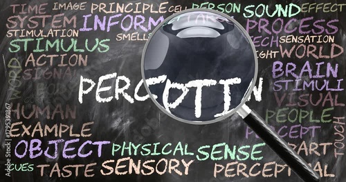 Perception being studied, examined - under close inspection. Most important subjects and ideas closely related to perception written on a blackboard inspected by a magnifying glass. Can be looped