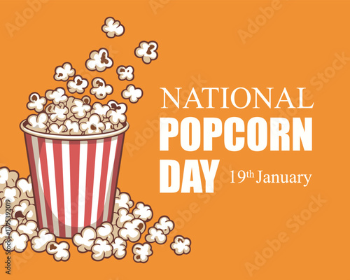 Popcorn isolated on a yellow background. Cinema icon in flat style. Snack. Big red and white strip box. as the national popcorn day banner.