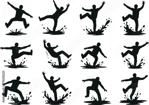 slip, fall, silhouette, accident, wet, surface, puddle, danger, safety, motion, splash, injury, stumble, hazard, caution, balance, loss, warning, sequence, impact