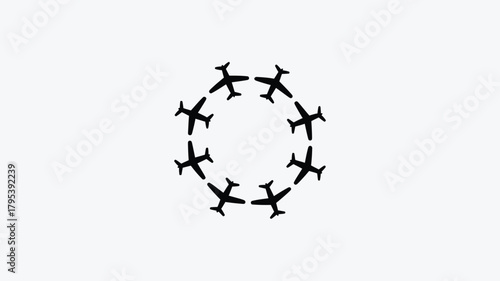 Dynamic fleet of airplanes in a circular formation symbolizing global travel and aviation innovation
