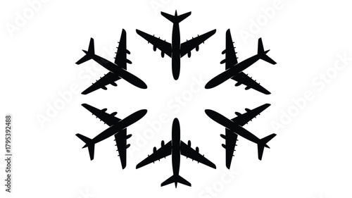 Dynamic arrangement of six black airplane silhouettes creating a modern circular pattern for travel and aviation concepts.