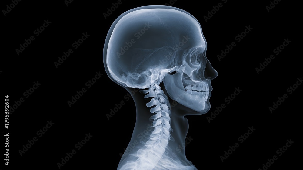 Obraz premium X ray image showing the profile view of a human skull and cervical spine