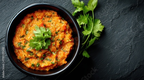 Baingan Bharta: Traditional Indian Roasted Eggplant Puree in a Black Bowl on Slate Table