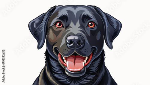 Very beautiful black Labrador retriever sitting and panting on a white background, featuring smooth dark fur, friendly expression, and a clean minimal setting that highlights the dog’s calm and loyal 