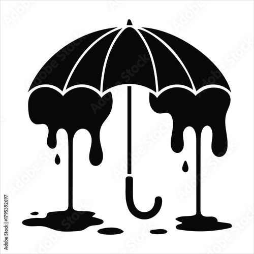 Melting umbrella silhouette with dripping liquid and puddles Vector, illustration