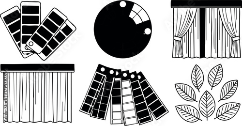 Vector set of paint color swatches curtain designs fabric samples and leaf icons for creative projects and decoration