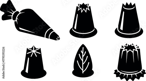 Black silhouette vector of various thimbles and a sewing needle in classic design for tailoring and crafting use
