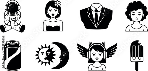 Black and white vector icons of astronaut, woman, suit, afro hairstyle, soda can, sun, moon, angel girl, and popsicle illustration