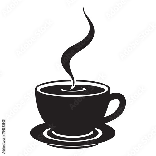 Black cup of hot steaming coffee on a saucer isolated Vector, illustration