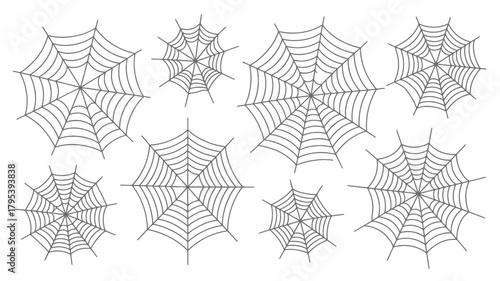 Eight intricate spiderwebs in various sizes create a spooky Halloween atmosphere for festive decorations and scary themes