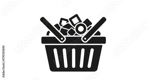 Shopping basket filled with numerous items, symbolizing consumerism and retail activities