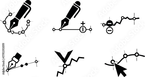Vector icons representing pen tool path editing with anchor points and bezier curves for graphic design and illustration software