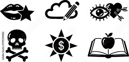 Set of seven black simple icons including lips star cloud pencil eye heart skull sun dollar apple book vector illustration