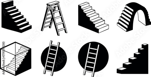 Stairs and ladders vector collection showing various black geometric shapes and designs for creative graphic use