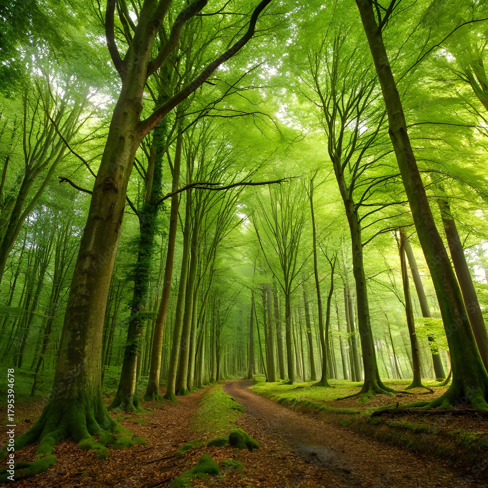 Fototapeta premium Beautiful shot of a trekking trail in a forest with tall green trees shining under the sunlight
