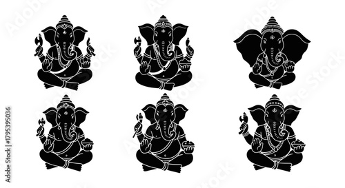 set of 6 vector illustration of lord Ganesh in black