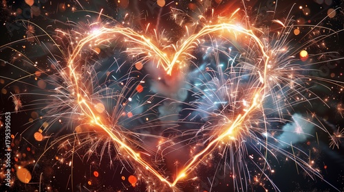 Witness a captivating spectacle as fireworks burst into a heart shape, illuminating the night sky with vibrant hues and symbolizing a moment of love and celebration.