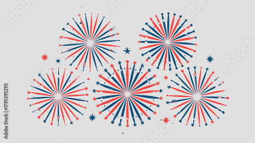 Vibrant red and blue fireworks burst across a light gray background, creating a festive and celebratory visual.