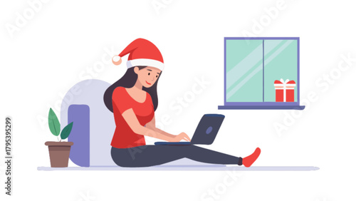 Christmas holiday woman working online with laptop at home vector illustration design template free download