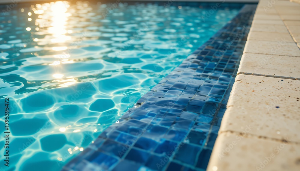 Obraz premium Sunlight reflecting on clear blue water surface by textured poolside edge during daytime
