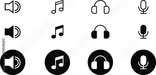 Music icon set speaker, headphones and microphone outline and silhouette. minimalist vector illustration.