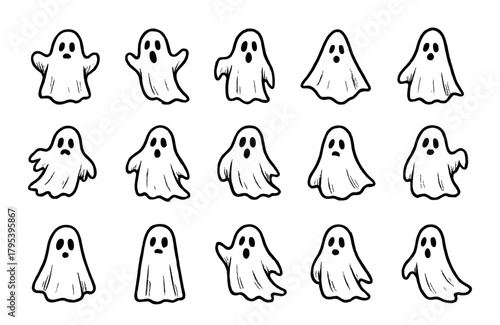 Ghost element set, flat vector illustration with simple spooky designs