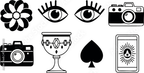 Collection of black and white vector icons including flower eye camera goblet spade tarot card design